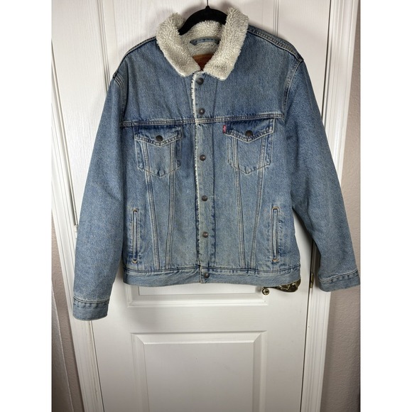 Levi's Men's Denim Jacket L Sherpa Lined Snap Front Collared Blue‎ Trucker EUC - Picture 4 of 8